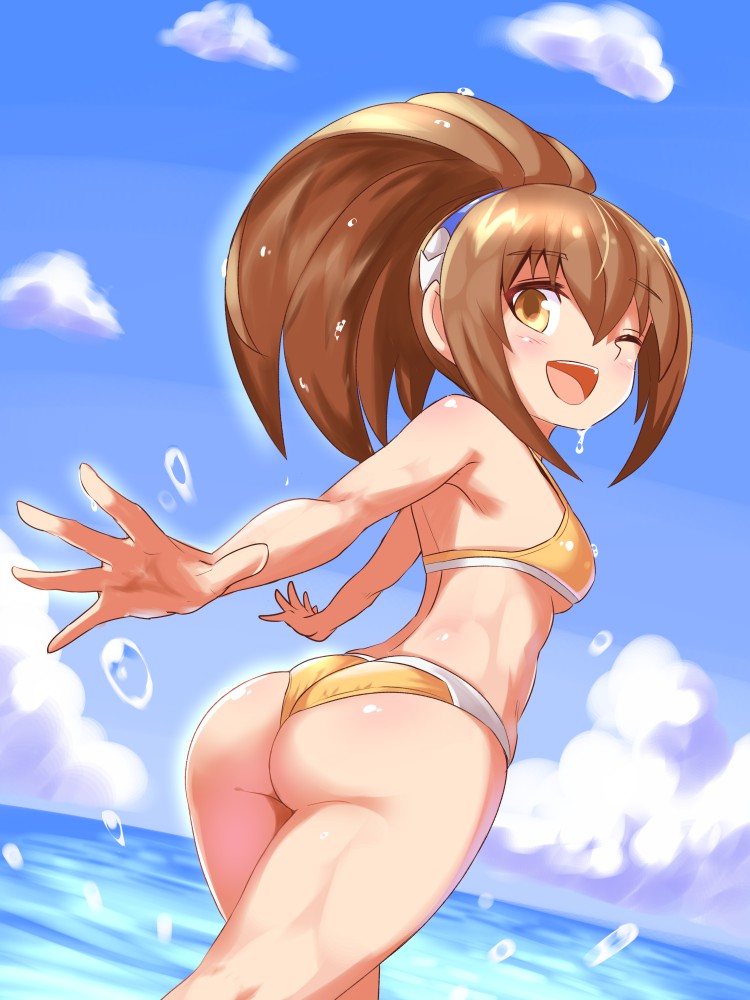 1girl ass azure_striker_gunvolt breasts brown_eyes brown_hair clouds cougar_(cougar1404) gunvolt_chronicles_luminous_avenger_ix hairband kohaku_(luminous_avenger_ix) long_hair looking_at_viewer one_eye_closed open_mouth ponytail smile solo swimsuit water