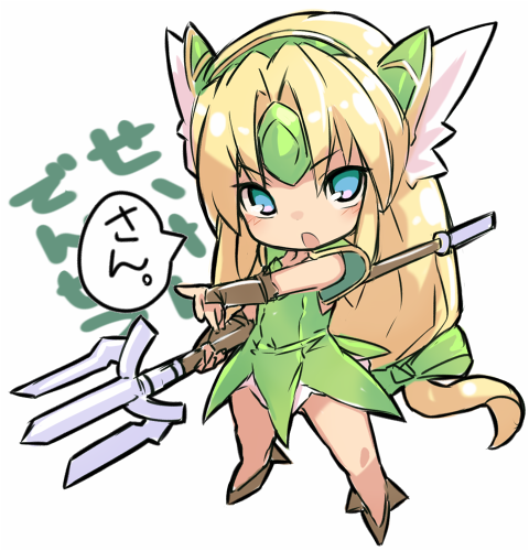 1girl blonde_hair blue_eyes bridal_gauntlets chibi dress gloves helmet karukan_(monjya) long_hair looking_at_viewer low-tied_long_hair lowres open_mouth polearm riesz seiken_densetsu seiken_densetsu_3 simple_background skirt solo very_long_hair weapon white_background winged_helmet