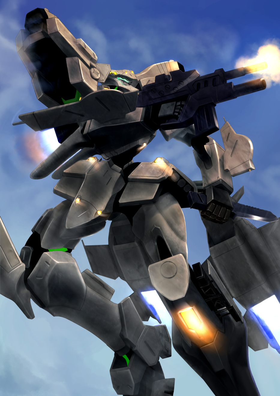 f-15_actv_active_eagle flying gun highres holding holding_gun holding_weapon looking_to_the_side mecha muvluv muvluv_alternative muvluv_total_eclipse no_humans science_fiction sidehiwinder sky solo tactical_surface_fighter thrusters visor weapon