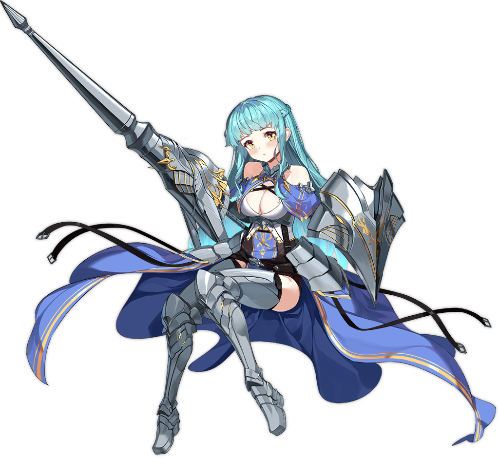 1girl ark_order armor armored_boots artist_request bangs bare_shoulders black_corset black_legwear blue_cape blue_hair boots bra braid breasts cape closed_mouth corset full_body gareth_(ark_order) grey_footwear holding holding_shield holding_weapon large_breasts long_hair official_art shield sitting solo tachi-e thigh-highs thigh_boots transparent_background underwear weapon white_bra yellow_eyes