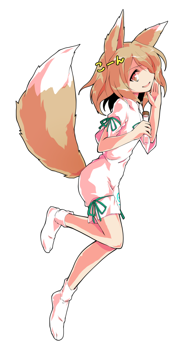 1girl animal_ears bangs blonde_hair bow breasts dairi eyebrows_visible_through_hair flying fox_ears fox_tail from_side green_bow hair_between_eyes hands_up hiragana jumpsuit kudamaki_tsukasa looking_at_viewer no_shoes open_mouth orange_eyes short_hair short_sleeves simple_background small_breasts smile socks solo standing tachi-e tail touhou white_background white_jumpsuit white_legwear white_sleeves