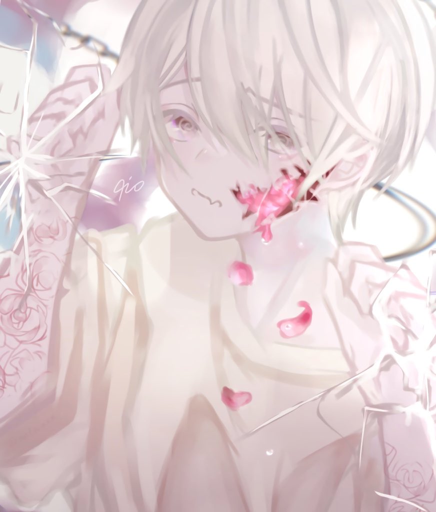 1boy 4ino_(shiino) @_@ broken broken_skin flower frown hair_between_eyes looking_at_viewer male_focus original petals pink_eyes pink_flower shirt short_hair solo tattoo white_hair white_shirt