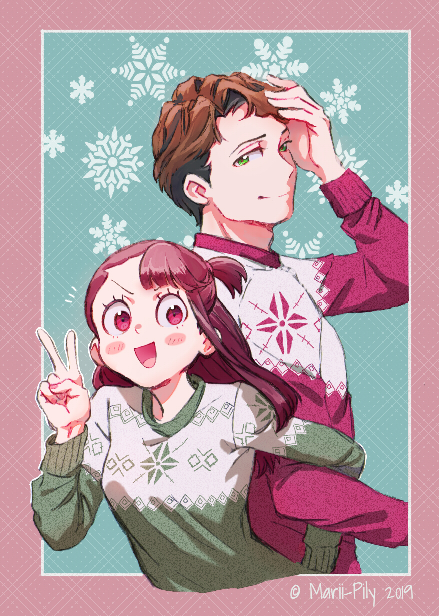 1boy 1girl andrew_hanbridge artist_name asymmetrical_bangs bangs blush_stickers brown_hair christmas christmas_sweater closed_mouth commentary cropped_torso dated green_eyes green_sweater hair_tie_in_mouth hand_in_hair hetero highres kagari_atsuko little_witch_academia locked_arms long_hair long_sleeves marii_pily mouth_hold notice_lines one_side_up open_mouth outside_border red_sweater smile snowflake_background sweater v v-shaped_eyes violet_eyes