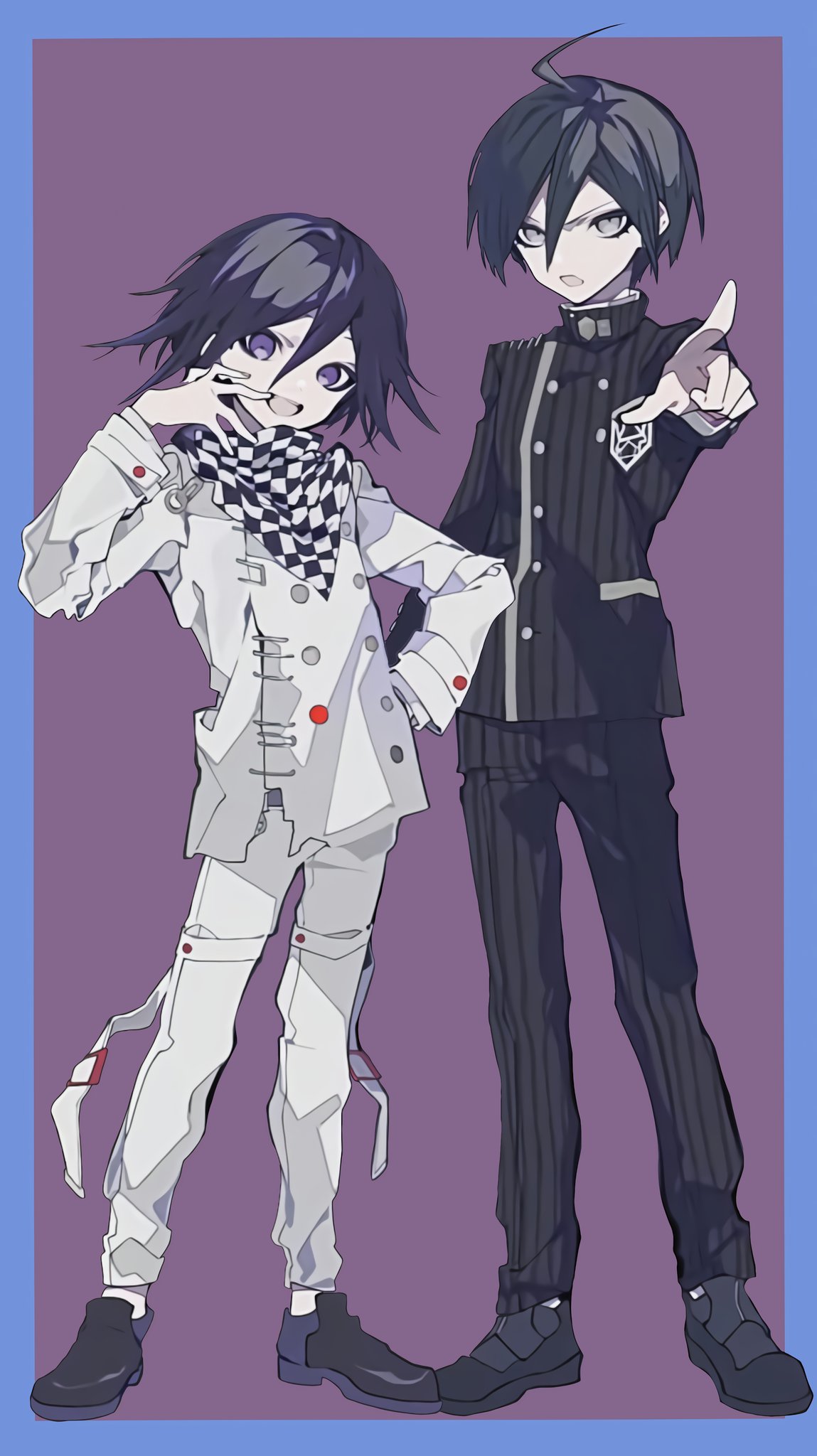 2boys ahoge asaya_(saiouseiii) bangs black_footwear black_jacket black_pants blue_border border buttons checkered checkered_neckwear checkered_scarf danganronpa_(series) danganronpa_v3:_killing_harmony double-breasted english_commentary flipped_hair foreshortening full_body grey_background grey_jacket grey_pants hair_between_eyes hand_on_hip highres jacket long_sleeves multiple_boys open_mouth ouma_kokichi pants pointing pointing_at_viewer saihara_shuuichi scarf serious short_hair smile standing striped striped_jacket striped_pants