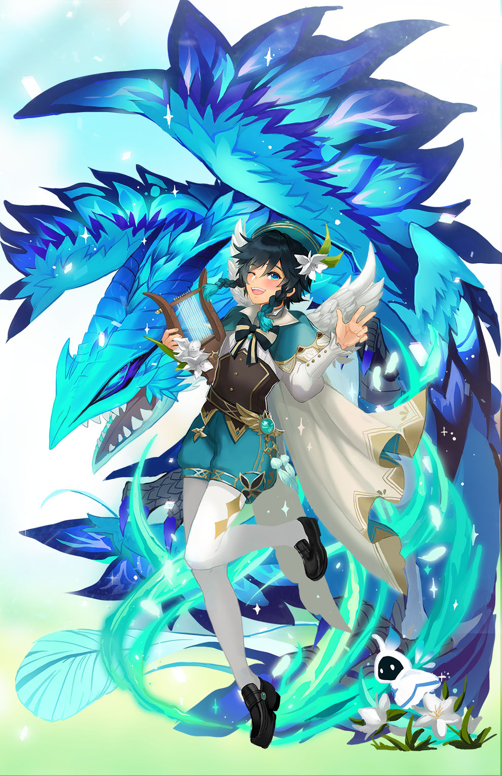 1boy androgynous argyle argyle_legwear bangs barbara_(genshin_impact) beret black_hair blue_hair blush bow braid brooch collared_cape collared_shirt commentary_request corset detached_wings dragon dvalin_(genshin_impact) elemental_(creature) feathered_wings feathers flower frilled_sleeves frills full_body gem genshin_impact gradient_hair green_eyes green_headwear green_shorts gunmetalrose hair_flower hair_ornament hat hat_flower highres holding holding_instrument instrument jewelry leaf long_sleeves looking_at_viewer lyre male_focus multicolored_hair one_eye_closed open_mouth pantyhose pinwheel shirt shoes short_hair_with_long_locks shorts sidelocks simple_background smile solo sparkle twin_braids venti_(genshin_impact) vision_(genshin_impact) white_background white_flower white_legwear white_shirt white_wings wings