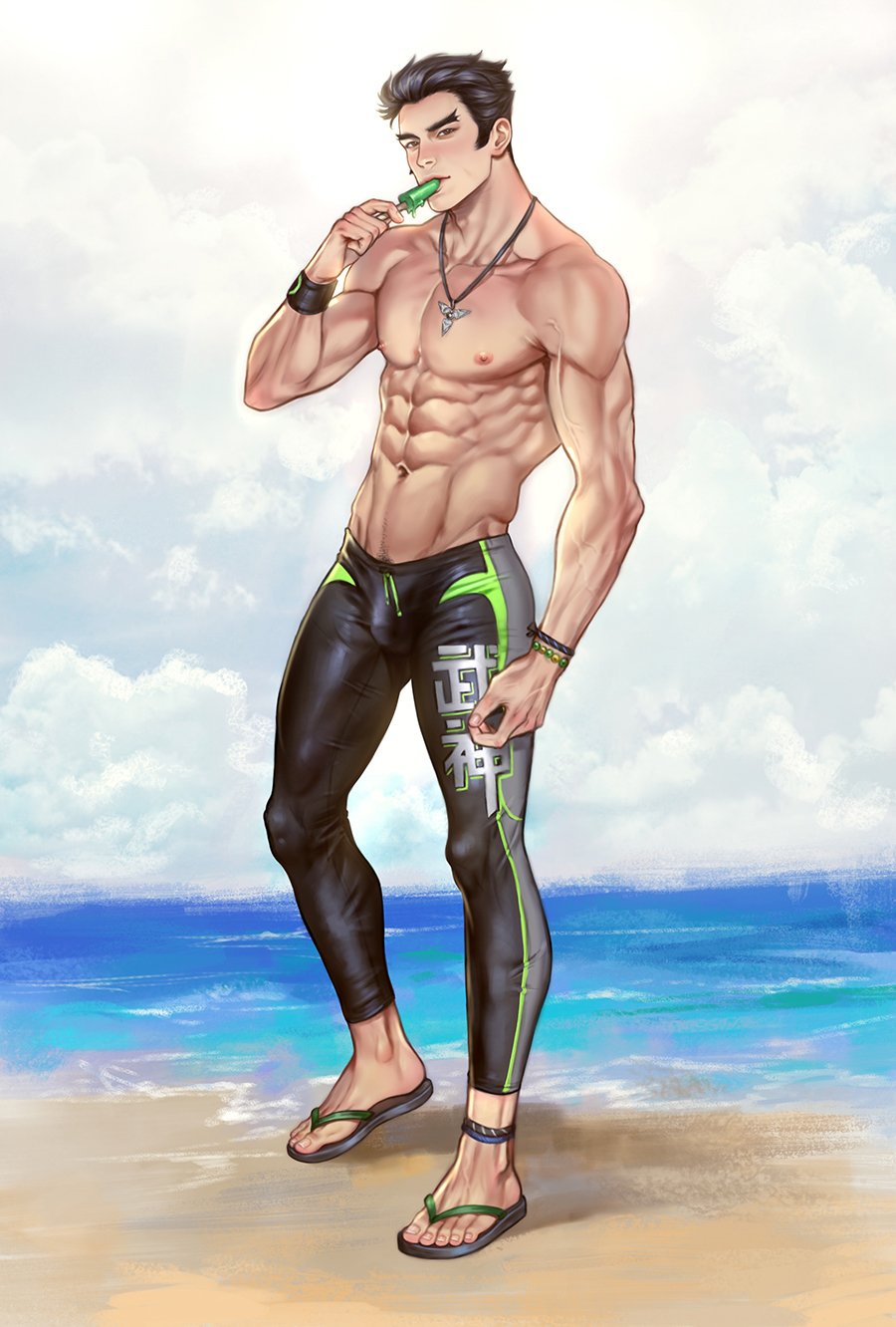 1boy abs beach black_hair black_male_swimwear brown_eyes bulge clouds cloudy_sky day eating flip-flops food forked_eyebrows genji_(overwatch) highres holding holding_food jewelry large_pectorals legskin looking_at_viewer male_focus male_swimwear muscular muscular_male navel necklace nipples ocean outdoors overwatch pectorals popsicle sandals short_hair sideburns sky solo summer thick_thighs thighs topless_male veins veiny_arms water wristband zeilyanart