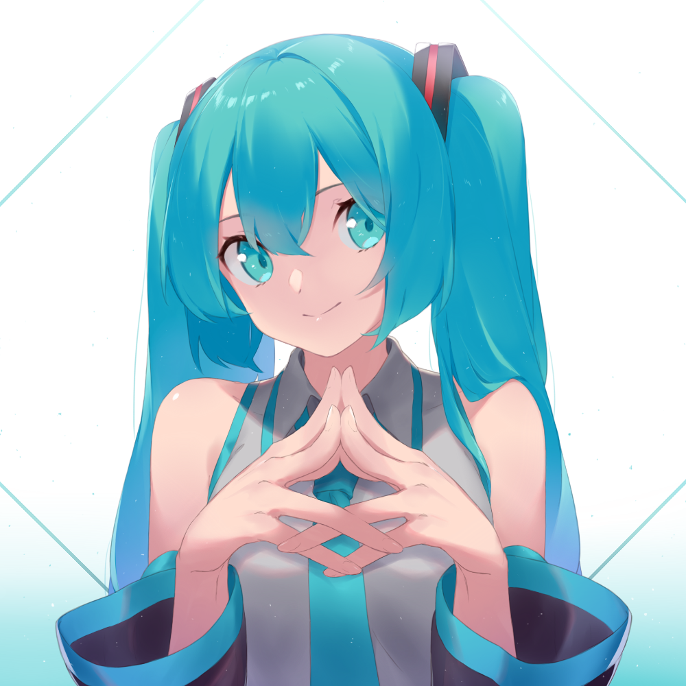 1girl bangs bare_shoulders black_sleeves blue_background blue_eyes blue_hair blue_neckwear breasts closed_mouth collared_shirt detached_sleeves eyebrows_behind_hair fhang gradient gradient_background grey_shirt hair_between_eyes hands_up hatsune_miku long_hair long_sleeves looking_at_viewer necktie shirt sleeveless sleeveless_shirt small_breasts smile solo steepled_fingers twintails upper_body vocaloid white_background wide_sleeves