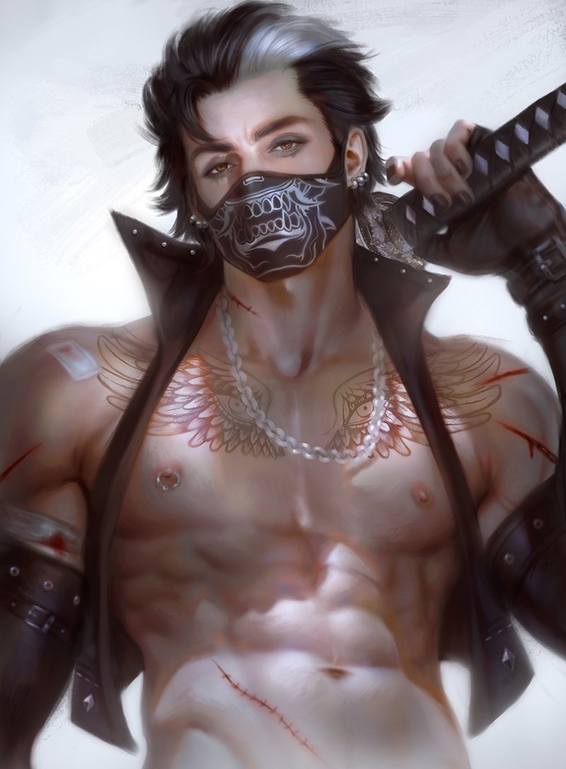 1boy abs bare_pectorals black_gloves black_hair black_nails blood brown_eyes chain_necklace chest_tattoo covered_mouth cropped_jacket cuts earrings elbow_gloves eyeshadow fingerless_gloves gloves holding holding_sword holding_weapon injury jacket jewelry looking_at_viewer makeup male_focus mask messy_hair mouth_mask multicolored_hair multiple_earrings nail_polish navel necklace nipples open_clothes open_jacket original pectorals short_hair simple_background sleeveless sleeveless_jacket solo sword sword_behind_back tattoo toned toned_male two-tone_hair upper_body weapon white_hair zeilyanart