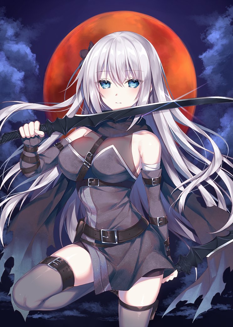 1girl bangs bare_shoulders black_dress black_gloves blue_eyes blush breasts clouds commentary_request dress dual_wielding elbow_gloves eyebrows_visible_through_hair fingerless_gloves full_moon gloves grey_legwear hair_between_eyes hand_up holding holding_sword holding_weapon long_hair looking_at_viewer medium_breasts moon original parted_lips red_moon silver_hair solo sorai_shin'ya standing standing_on_one_leg sword thigh-highs very_long_hair weapon