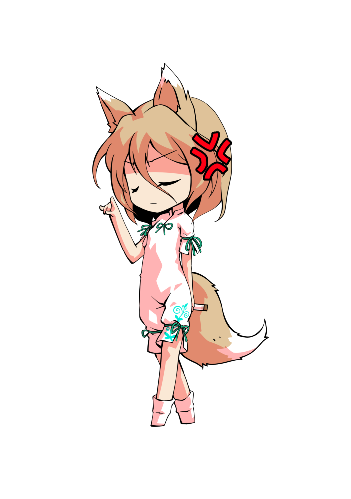 1girl anger_vein angry animal_ears bangs blonde_hair bow breasts chibi closed_eyes closed_mouth dairi eyebrows_visible_through_hair fox_ears fox_tail full_body green_bow hair_between_eyes hand_up jumpsuit kudamaki_tsukasa short_hair short_sleeves simple_background small_breasts socks solo standing tachi-e tail test_tube touhou white_background white_jumpsuit white_legwear white_sleeves