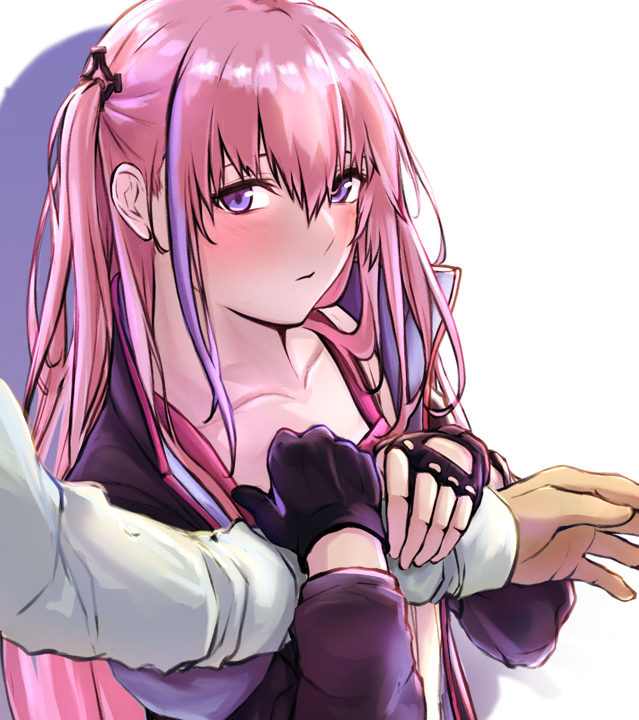 1girl 3_small_spiders arm_hug blush breasts closed_mouth collarbone eyebrows_visible_through_hair girls_frontline gloves highres jacket long_hair looking_at_viewer pink_hair purple_gloves purple_jacket shadow side_ponytail small_breasts solo st_ar-15_(girls'_frontline) upper_body violet_eyes white_background