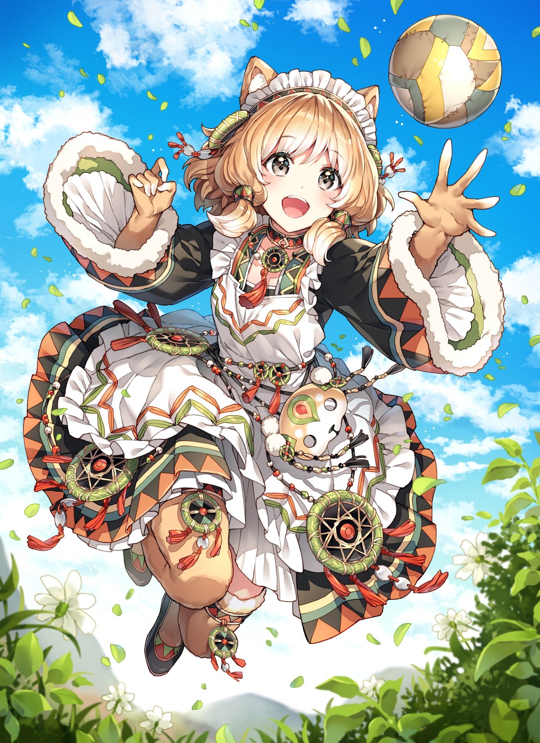 1girl :d animal_ear_fluff animal_ears apron ball bangs black_dress black_eyes black_footwear blue_sky blush brown_hair chain_chronicle chirolulu_(chain_chronicle) clouds commentary_request day dress eyebrows_visible_through_hair flower full_body fur-trimmed_sleeves fur_trim highres jumping long_hair long_sleeves maid_headdress nardack open_mouth outdoors plant pleated_dress shoes sky smile solo white_apron white_flower wide_sleeves