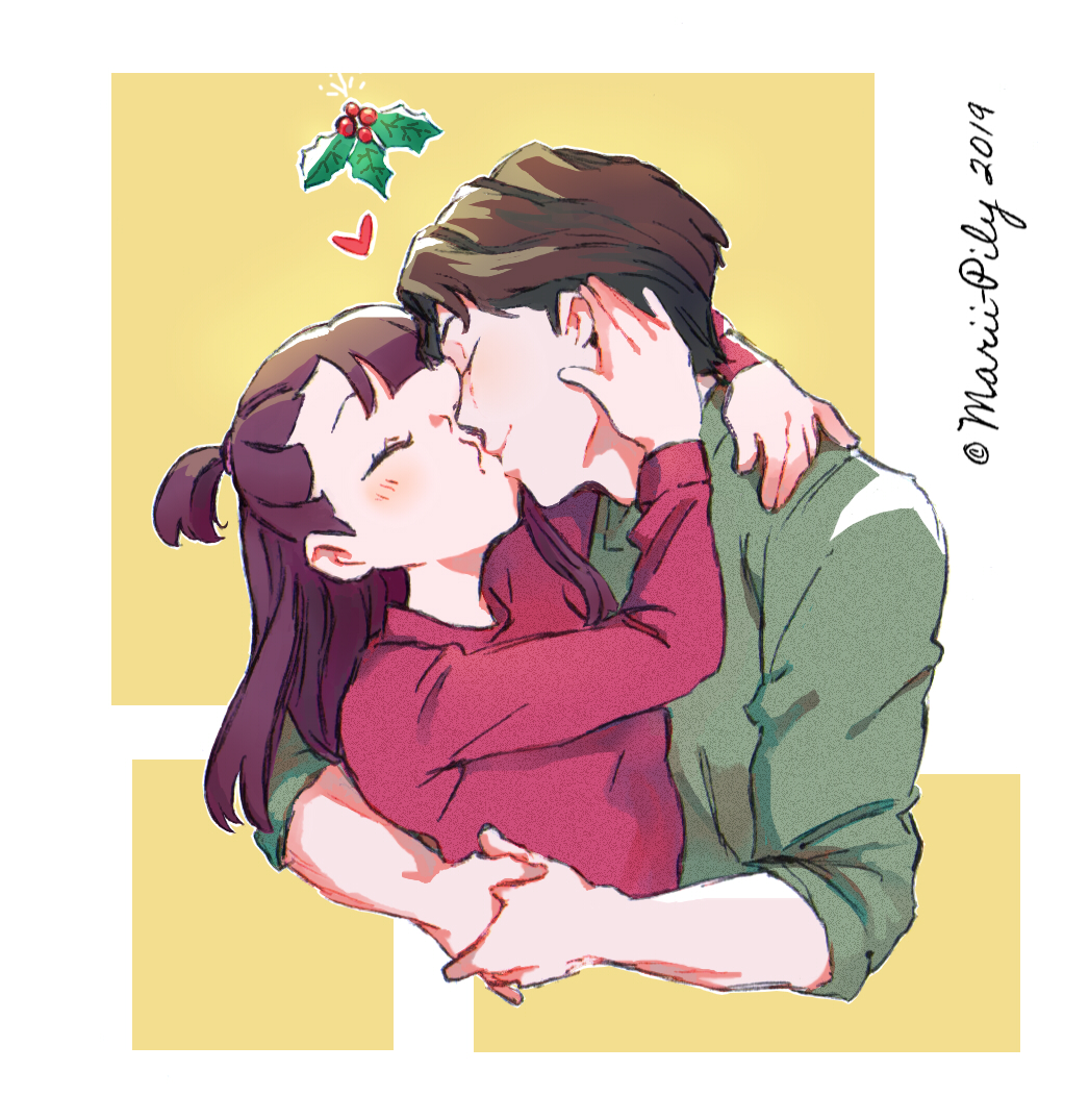 1boy 1girl andrew_hanbridge artist_name brown_hair christmas christmas_sweater closed_eyes closed_mouth commentary cropped_torso dated green_shirt hands_on_another's_face heart hetero holly hug kagari_atsuko kiss little_witch_academia long_hair long_sleeves marii_pily one_side_up red_shirt shirt short_hair sleeves_rolled_up smile