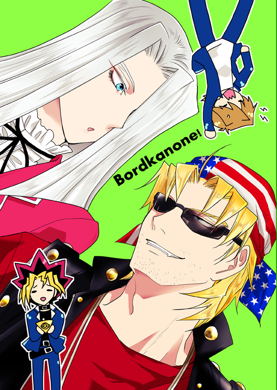 4boys american_flag american_flag_print bandana bangs black_hair black_neck_ribbon black_shirt black_vest blonde_hair blue_eyes blue_jacket blue_pants chibi chibi_inset commentary_request cover cover_page domino_high_school_uniform doujin_cover dutch_angle flag_print green_background grin hair_over_one_eye jacket jewelry jounouchi_katsuya keith_howard light_brown_hair long_hair looking_at_another looking_to_the_side male_focus millennium_puzzle multicolored_hair multiple_boys mutou_yuugi necklace open_mouth pants pegasus_j_crawford red_jacket red_shirt redhead riichi_(reati) school_uniform shirt short_hair simple_background smile spiky_hair studded_vest sunglasses upper_body vest white_hair white_shirt yu-gi-oh! yu-gi-oh!_duel_monsters