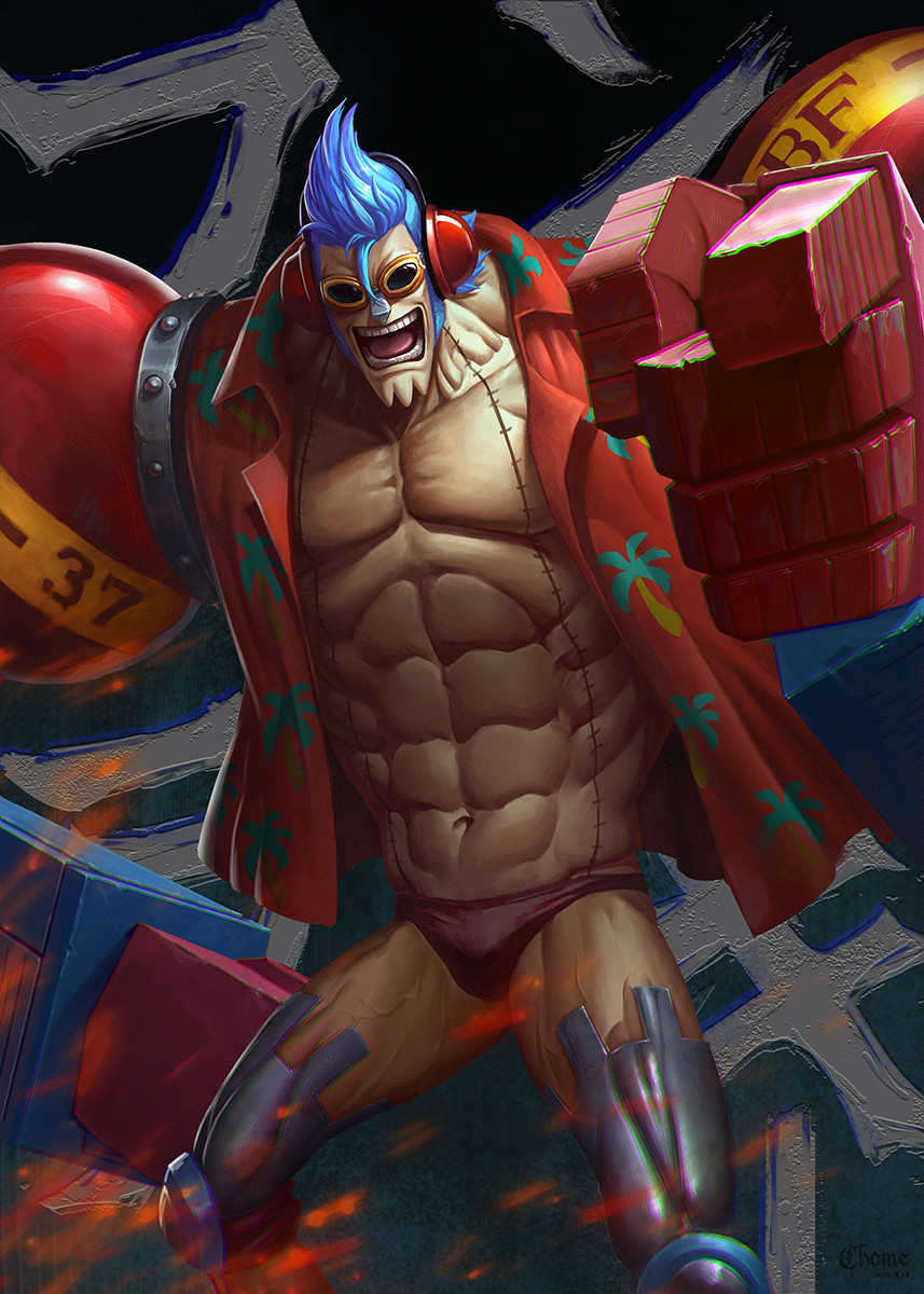 1boy abs blue_hair c_home cyborg embers feet_out_of_frame franky_(one_piece) grin hawaiian_shirt highres large_hands leg_hair looking_at_viewer male_focus male_swimwear metal navel nipples one_piece open_clothes open_shirt pectoral_cleavage pectorals pointing pointing_at_viewer red_male_swimwear shirt short_hair smile solo spiky_hair stomach swim_briefs