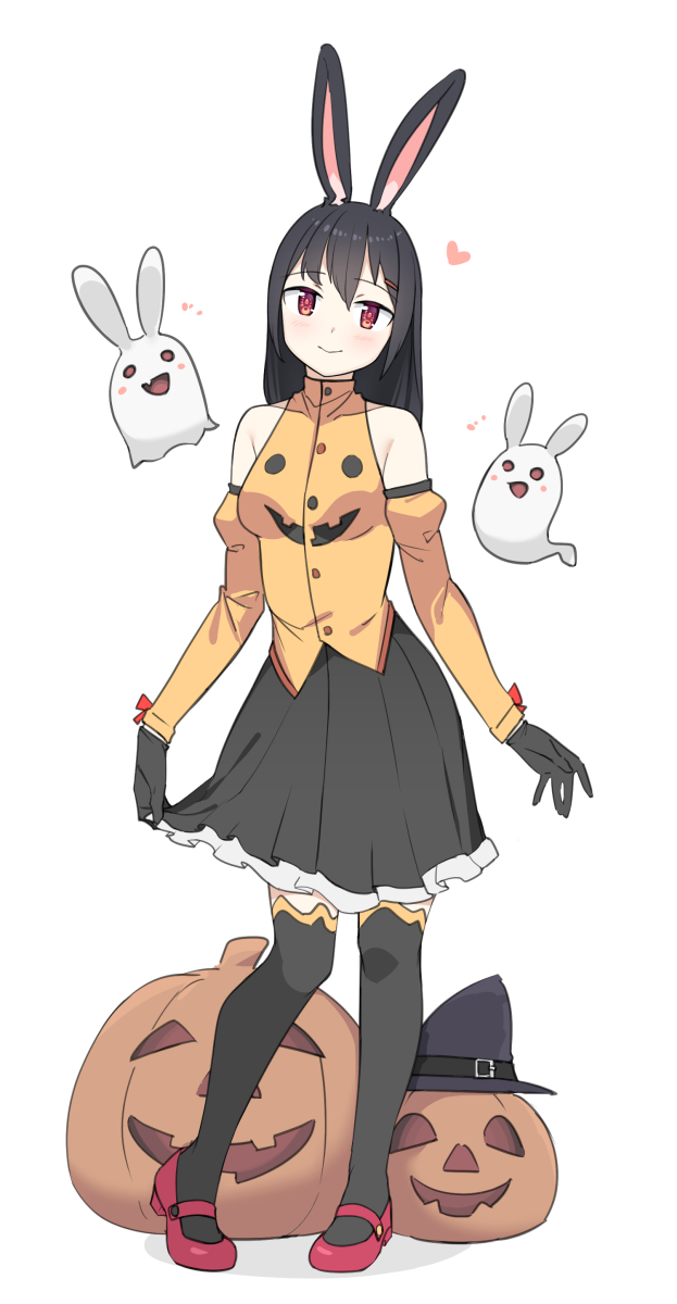 1girl animal_ears bangs bare_shoulders black_gloves black_hair black_legwear black_skirt breasts covered_collarbone detached_sleeves frilled_skirt frills full_body ghost gloves hair_between_eyes hair_ornament hairclip halloween heart highres jack-o'-lantern long_hair looking_at_viewer original pleated_skirt rabbit_ears rabbit_girl red_eyes red_footwear saiste shirt shoes simple_background skirt skirt_hold small_breasts smile solo standing thigh-highs white_background yellow_shirt