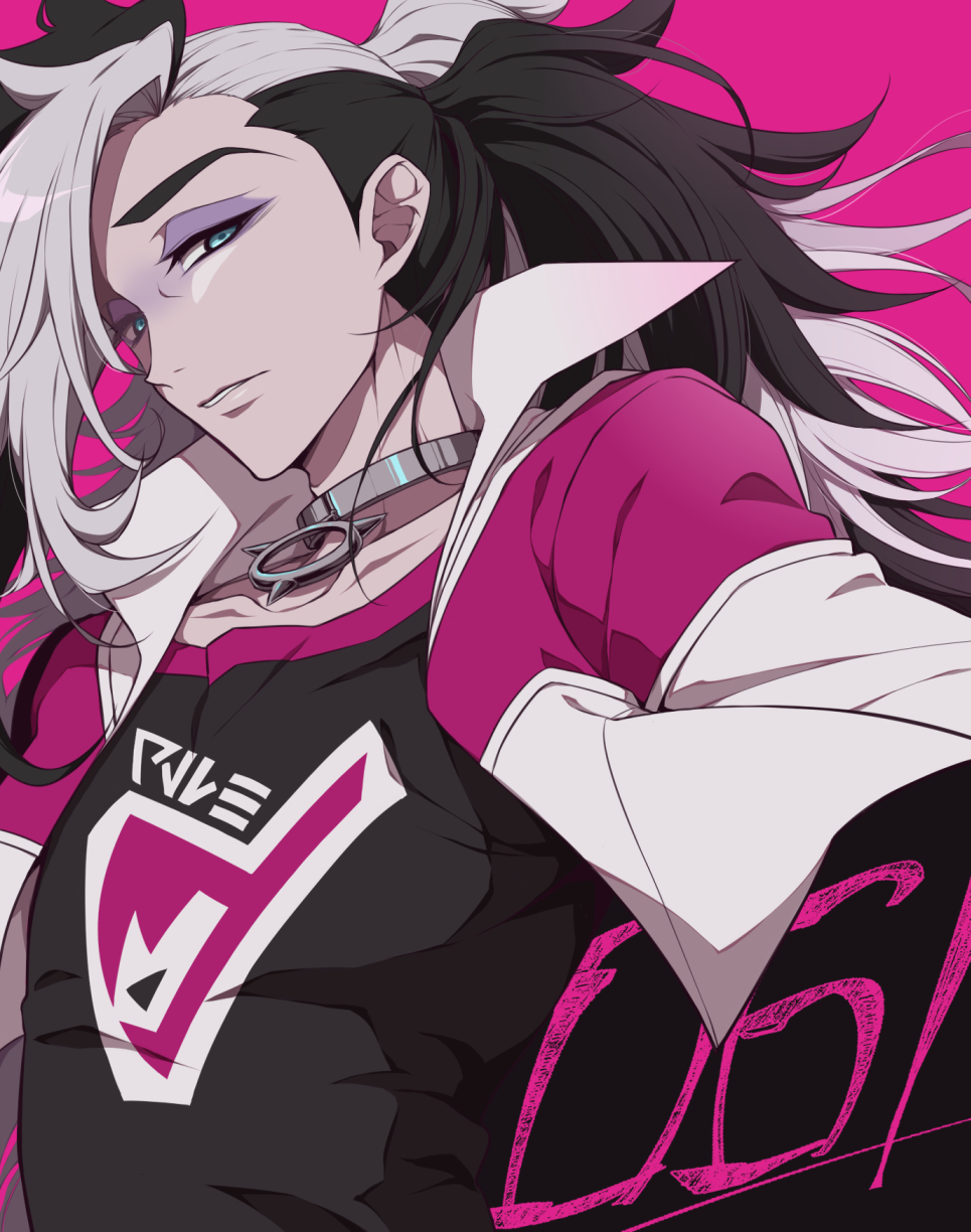 1boy bangs black_hair black_shirt collar cropped_jacket eyeshadow green_eyes grey_eyeshadow highres jacket kurobe_sclock long_hair looking_at_viewer makeup male_focus multicolored_hair open_clothes open_jacket parted_lips piers_(pokemon) pink_background pokemon pokemon_(game) pokemon_swsh shirt solo two-tone_hair upper_body white_hair white_jacket