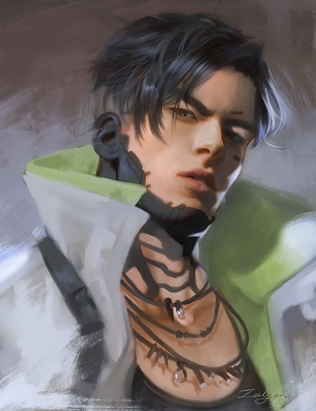 1boy apex_legends artist_name black_hair black_shirt brown_eyes collarbone crypto_(apex_legends) green_jacket grey_jacket jacket jewelry looking_at_viewer male_focus multicolored multicolored_clothes multicolored_jacket necklace open_clothes open_jacket parted_lips shirt short_hair simple_background solo two-tone_jacket upper_body zeilyanart