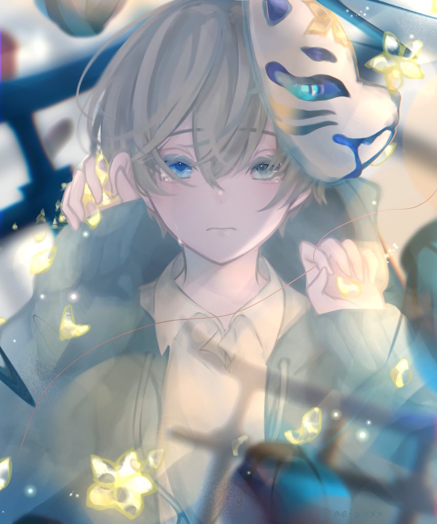 1boy 4ino_(shiino) blue_eyes blue_hoodie blurry blurry_background closed_mouth collared_shirt crying crying_with_eyes_open depth_of_field grey_hair holding holding_star hood hoodie long_sleeves looking_at_viewer male_focus mask mask_on_head oni_mask original shirt solo star_(symbol) string tears upper_body