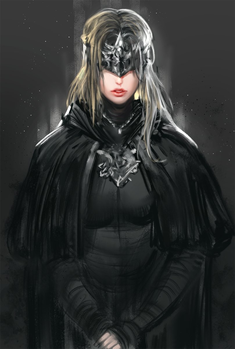 1girl bangs black_background blonde_hair breasts cloak covered_eyes dark_souls_(series) dark_souls_iii fire_keeper gradient gradient_background highres jang_ju_hyeon jewelry large_breasts light_particles long_hair long_sleeves looking_at_viewer mask necklace own_hands_together parted_lips solo teeth