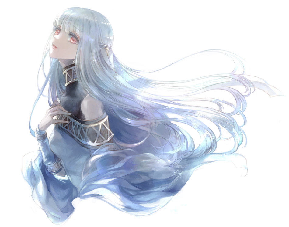 1girl bangs cropped_torso detached_sleeves eyebrows_visible_through_hair fire_emblem fire_emblem:_the_blazing_blade floating_hair from_side kuzumosu long_hair long_sleeves ninian_(fire_emblem) parted_lips red_eyes shiny shiny_hair silver_hair simple_background solo very_long_hair white_background