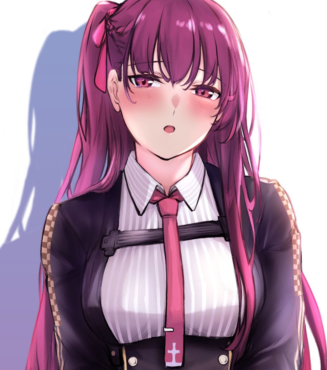 1girl 3_small_spiders :o black_dress blush breasts dress girls_frontline hair_ribbon highres long_hair looking_at_viewer medium_breasts necktie open_mouth purple_hair purple_neckwear purple_ribbon ribbon shadow shirt side_ponytail solo_focus upper_body violet_eyes wa2000_(girls'_frontline) white_background white_shirt