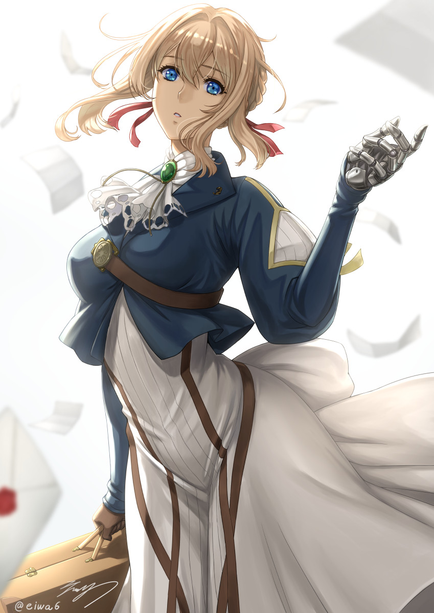 1girl ascot blonde_hair blue_eyes blue_jacket braid brooch brown_gloves dress eiwa envelope flying_paper gloves green_brooch hair_intakes hair_ribbon highres jacket jewelry mechanical_hands necklace paper prosthesis prosthetic_hand red_ribbon ribbon single_mechanical_hand skirt suitcase violet_evergarden violet_evergarden_(series) white_ascot white_background white_neckwear white_skirt