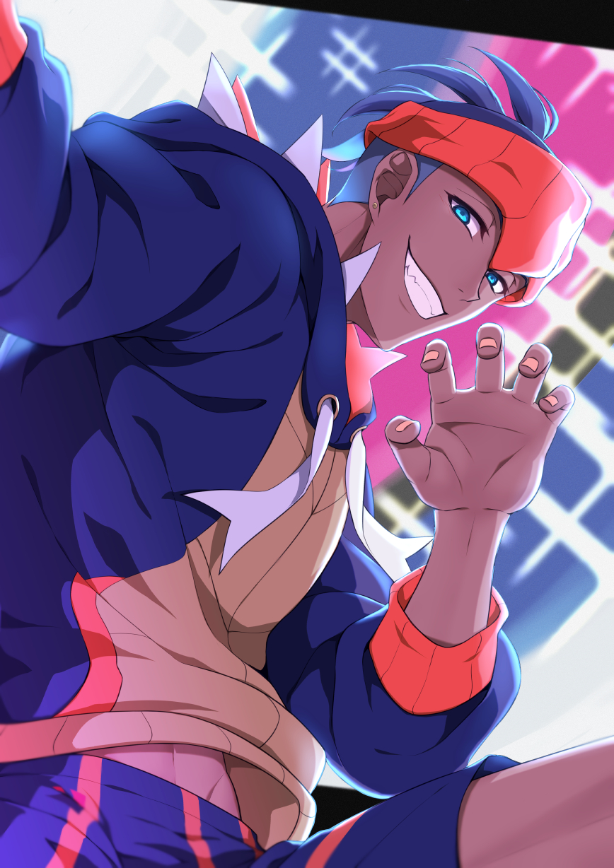 1boy aqua_eyes black_hair black_hoodie claw_pose commentary_request dark-skinned_male dark_skin earrings fingernails grin hand_up highres hood hoodie jewelry kurobe_sclock male_focus orange_headband pokemon pokemon_(game) pokemon_swsh raihan_(pokemon) selfie short_hair smile solo teeth undercut