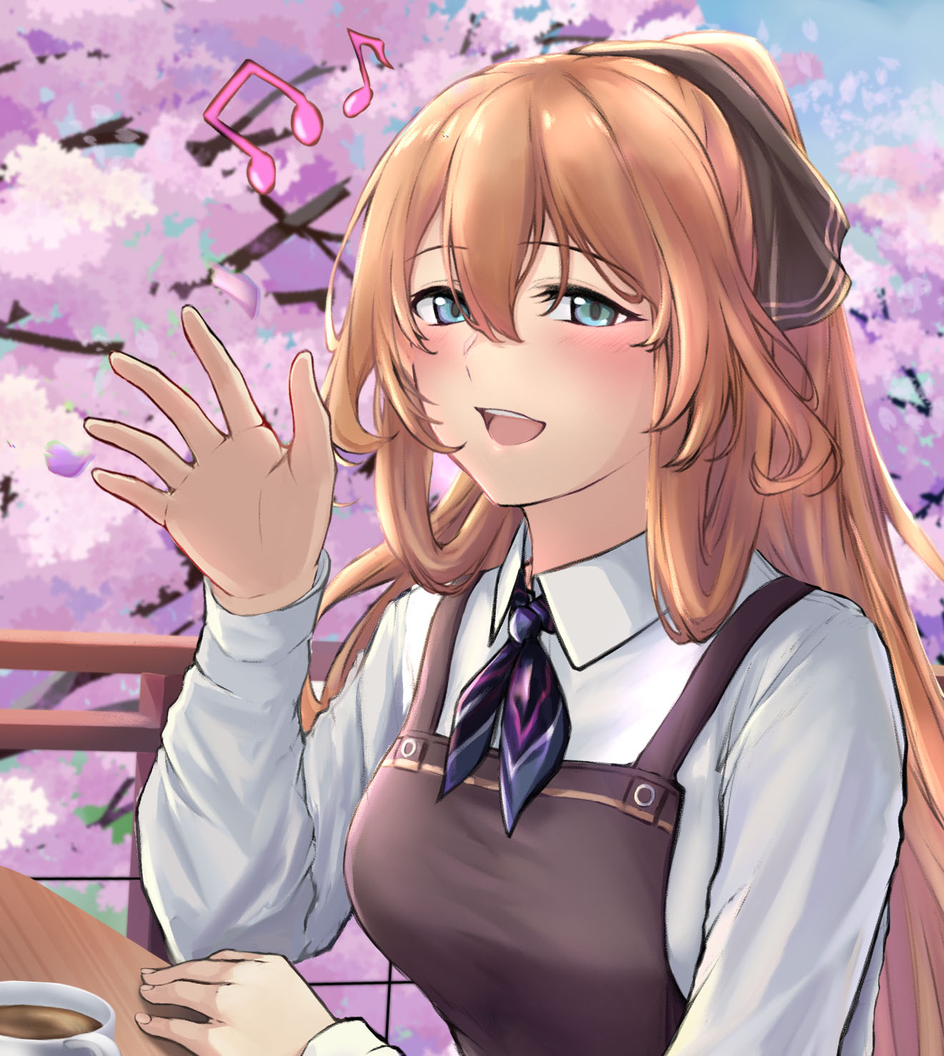 1girl 3_small_spiders apron blue_eyes blush breasts brown_apron brown_ribbon cherry_blossoms coffee coffee_cup collared_shirt commentary_request cup disposable_cup eyebrows_visible_through_hair falling_petals girls_frontline hair_ribbon hand_on_table hand_up highres long_hair looking_at_viewer medium_breasts musical_note open_mouth orange_hair outdoors petals ponytail ribbon shirt sidelocks sitting smile solo_focus springfield_(girls'_frontline) table tree upper_body white_shirt