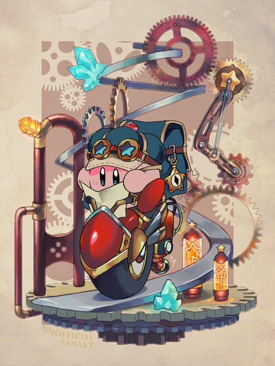 backpack bag blue_eyes blue_headwear clockwork crystal exhaust_pipe gears goggles goggles_on_headwear kirby kirby_(series) light_bulb reading rike_(pixiv) star_(symbol) steampunk wheelie_(kirby)