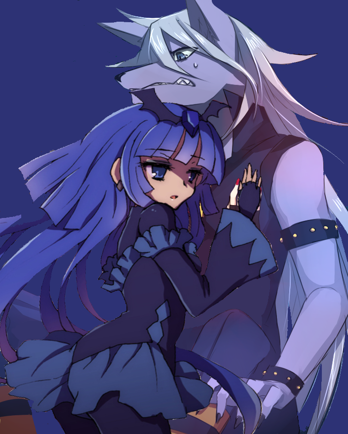 1boy 1girl animal_ears armband bad_end_beauty bad_end_precure blue_background blue_eyes blue_hair bodysuit claws clenched_teeth dark_persona earrings edit eyeshadow female gem gloves grey_hair hand_on_chest holding_person laying_on_person long_hair looking_at_another looking_down male precure skin_tight smile_precure! studs sweatdrop tiara unfinished werewolf wolf_ears wolfrun wristband zipper