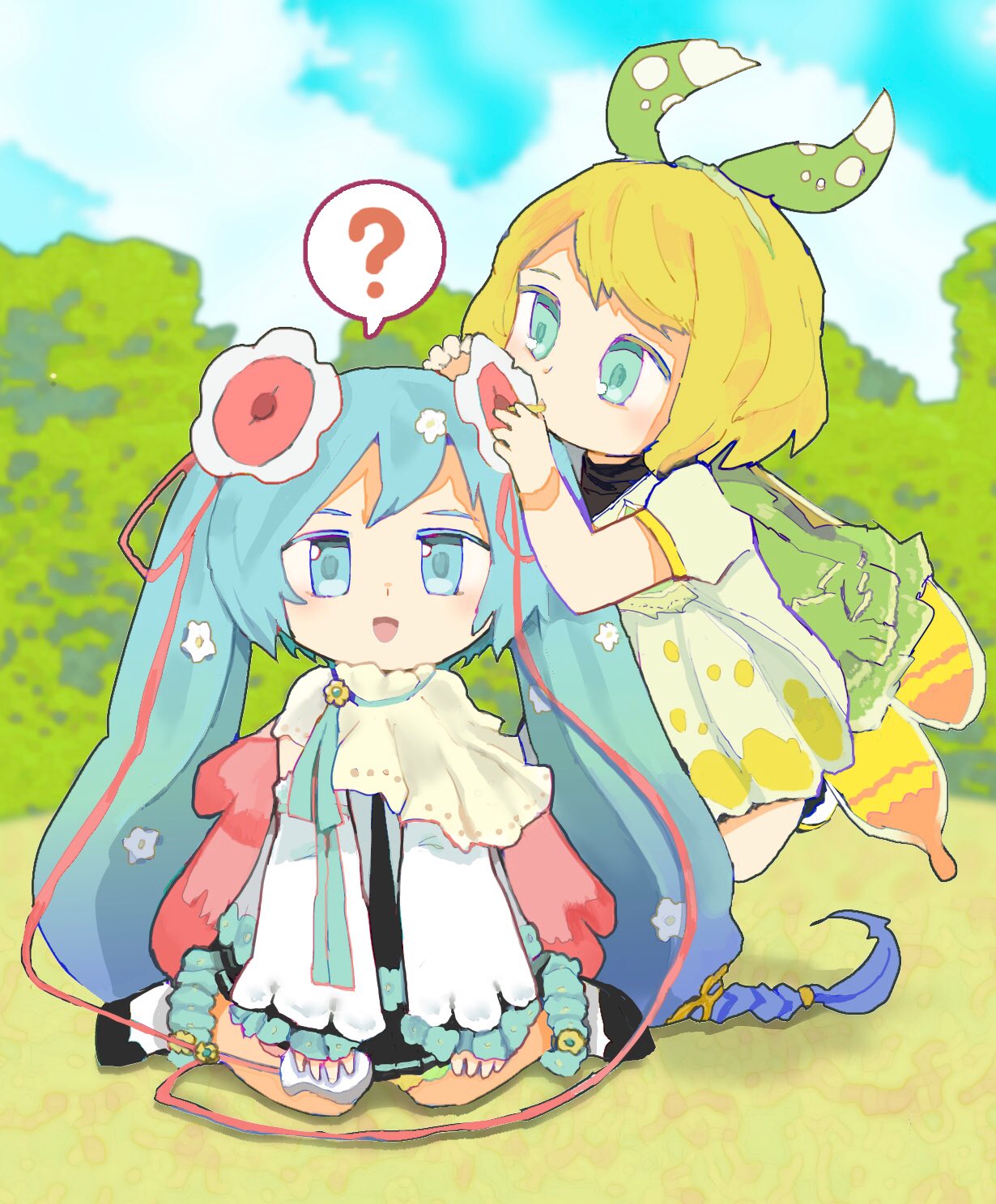 2girls ? aqua_eyes aqua_hair black_shirt black_skirt blonde_hair blue_hair bow braid capelet chibi commentary day dress floating flower gradient_hair green_bow green_capelet green_dress hair_bow hair_flower hair_ornament hands_on_own_knees hatsune_miku highres holding holding_flower kagamine_rin layered_sleeves long_hair looking_at_viewer magical_mirai_(vocaloid) medallion miniskirt multicolored_hair multiple_girls open_mouth outdoors pleated_skirt ribbon shirt short_hair sitting skirt spoken_question_mark tree twintails two-tone_hair very_long_hair vocaloid wariza white_dress white_flower white_sleeves wings yasuraka