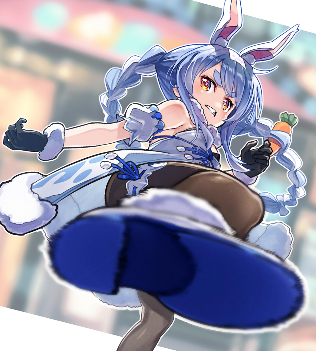 1girl animal_ear_fluff animal_ears bare_shoulders black_gloves black_legwear blue_hair braid breasts bunny-shaped_pupils carrot carrot_hair_ornament clenched_teeth coat commentary_request detached_sleeves don-chan_(usada_pekora) food-themed_hair_ornament fur-trimmed_coat fur-trimmed_gloves fur_scarf fur_trim gloves hair_ornament high_heels hololive incoming_attack kicking leg_garter long_hair looking_at_viewer multicolored_hair pantyhose rabbit_ears rabbit_girl sakino_shingetsu scarf short_eyebrows solo strapless_coat symbol-shaped_pupils teeth thick_eyebrows twin_braids twintails two-tone_hair usada_pekora virtual_youtuber white_footwear white_hair white_scarf yellow_eyes