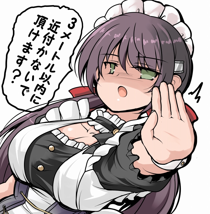 1girl ^^^ azur_lane breasts brown_hair foreshortening glasgow_(azur_lane) green_eyes hair_ornament hair_ribbon hairclip large_breasts long_hair looking_at_viewer low_twintails maid open_mouth ribbon solo translation_request tsuzuri_(tuzuri) twintails upper_body wrist_cuffs