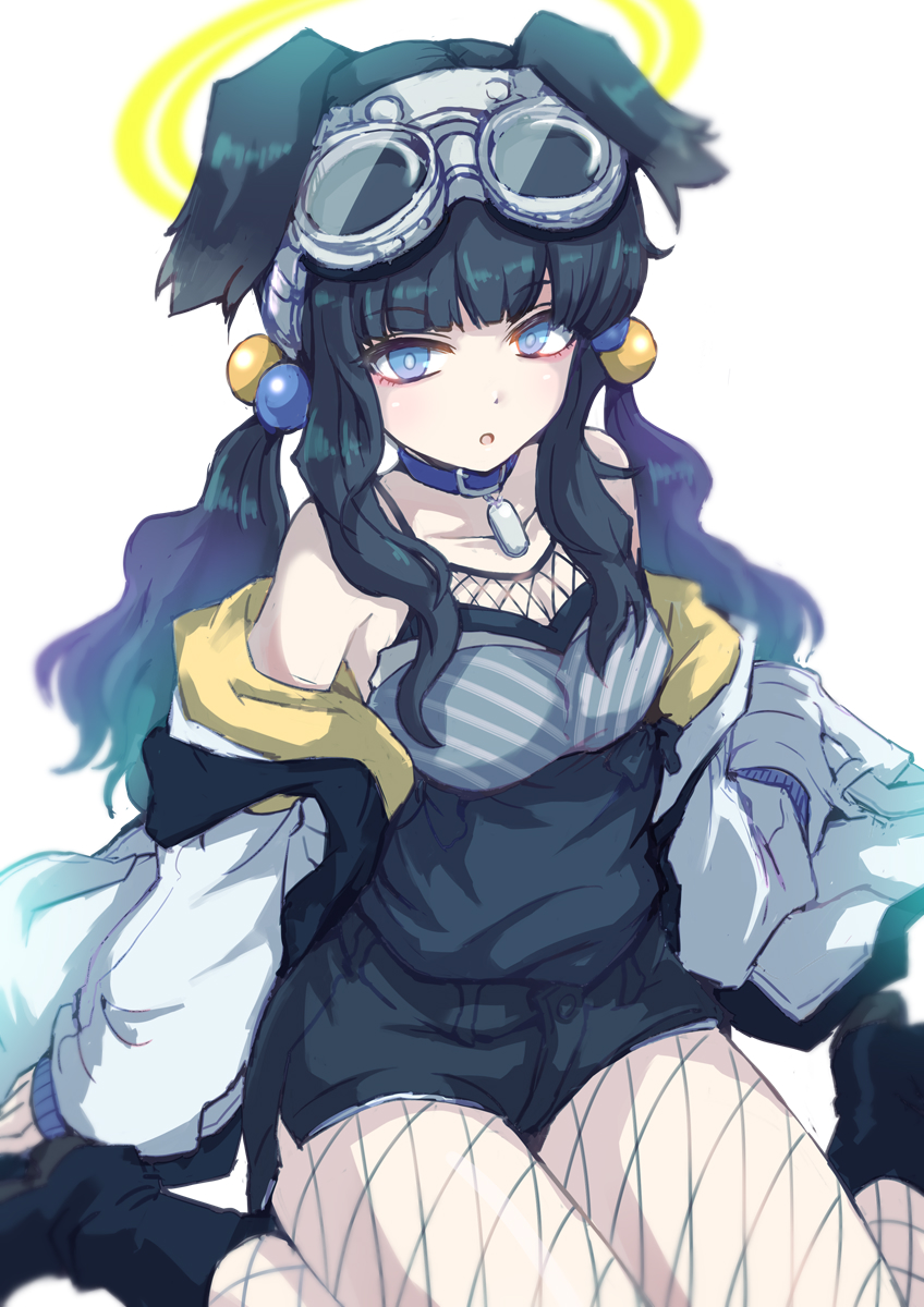 1girl animal_ears bangs beads black_hair black_shirt black_shorts blue_archive blue_eyes boots camisole coat collar collarbone commentary_request dog_ears dog_tags fishnet_legwear fishnets goggles goggles_on_head hair_beads hair_ornament halo hibiki_(blue_archive) highres long_hair off_shoulder parted_lips satomura_kyou shirt shorts sidelocks simple_background sitting solo wariza white_background white_coat