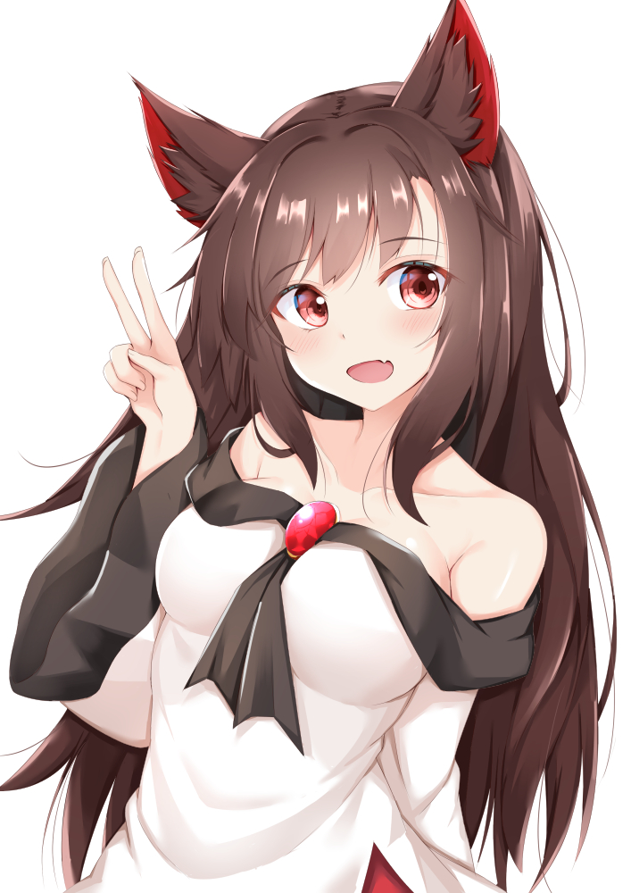 1girl animal_ears bare_shoulders blush breasts brown_hair collarbone commentary_request dress eyebrows_visible_through_hair fang hand_up imaizumi_kagerou long_hair looking_at_viewer medium_breasts off-shoulder_dress off_shoulder open_mouth red_eyes rururiaru simple_background skin_fang smile solo touhou v white_background wolf_ears wolf_girl