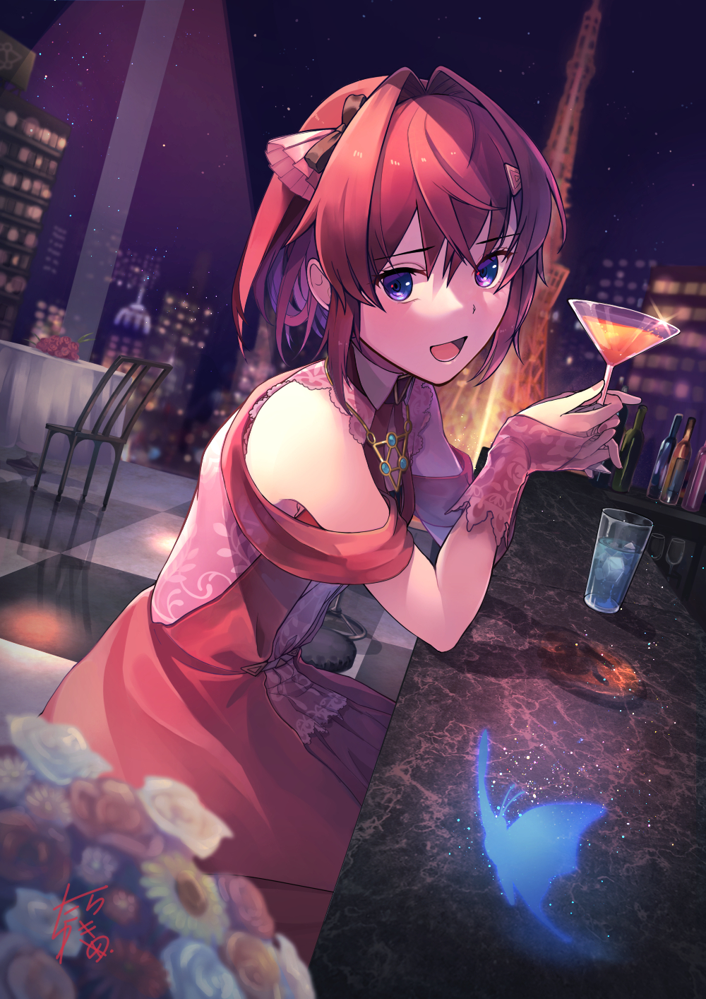 1girl alcohol ange_katrina bar bar_stool bare_shoulders bottle bow bug butterfly chair city commentary cup dress drinking_glass fingerless_gloves flower from_side gloves hair_bow hair_intakes highres holding holding_cup indoors jewelry lace lace_gloves looking_at_viewer necklace night nijisanji open_mouth red_dress red_gloves redhead short_hair signature sitting solo stool table violet_eyes virtual_youtuber window yukimiyuki