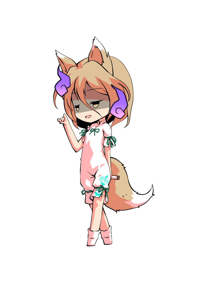 1girl animal_ears bangs black_eyes blonde_hair bow breasts brown_eyes chibi dairi eyebrows_visible_through_hair fox_ears fox_tail full_body ghost green_bow hair_between_eyes hand_up jumpsuit kudamaki_tsukasa looking_to_the_side open_mouth shaded_face short_hair short_sleeves simple_background small_breasts smile smug socks solo standing tachi-e tail test_tube touhou white_background white_jumpsuit white_legwear white_sleeves