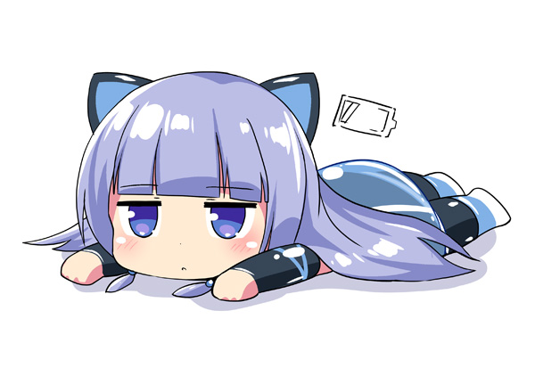 1girl animal_ears artist_request bangs battery_indicator blue_eyes cat_ears chibi commentary_request eyebrows_visible_through_hair indie_virtual_youtuber light_blue_hair long_hair looking_at_viewer lying mitsuki_awano on_stomach shiny shiny_clothes solo virtual_youtuber