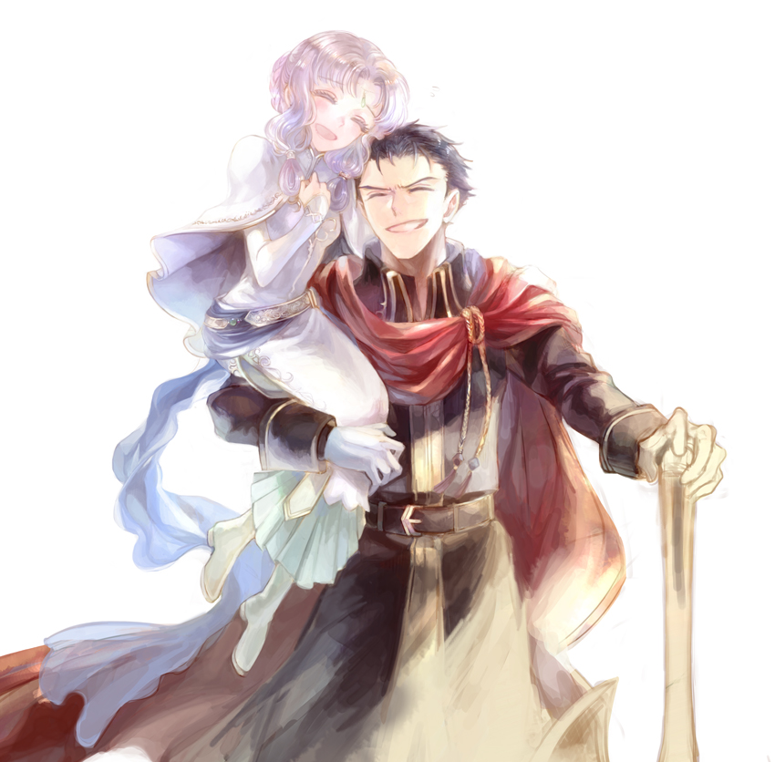 1boy 1girl :d ^_^ black_hair cape closed_eyes couple dress fire_emblem fire_emblem:_the_blazing_blade florina_(fire_emblem) grin hair_intakes hand_on_hilt hector_(fire_emblem) hetero kuzumosu layered_dress long_dress long_hair long_sleeves pleated_dress red_cape shiny shiny_hair short_hair silver_hair simple_background smile white_background white_cape white_dress white_footwear