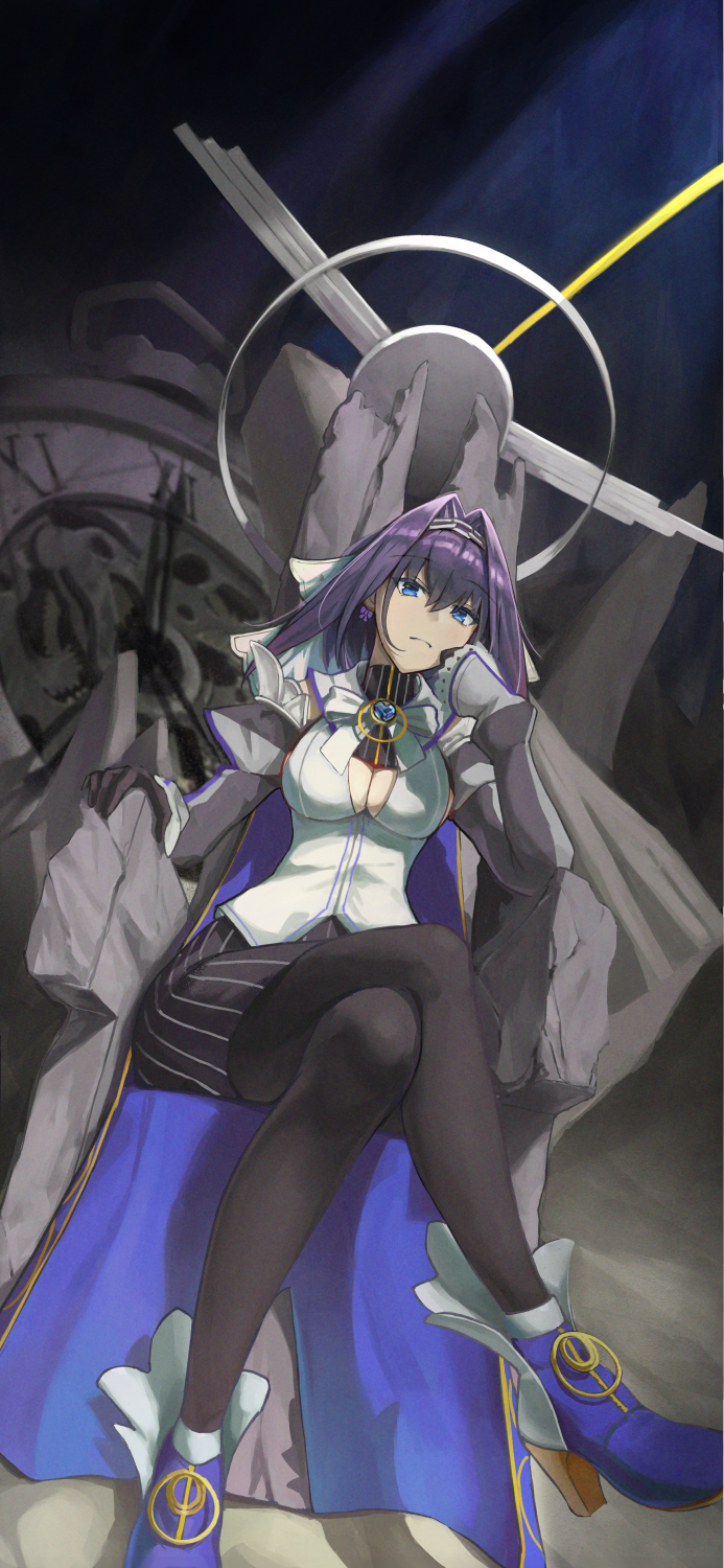 1girl black_gloves blue_bow blue_eyes blue_hair bow bow_earrings breasts cape clock crossed_legs detached_sleeves earrings eyebrows_visible_through_hair gloves head_rest highres hololive hololive_english jewelry large_breasts mechanical_halo ouro_kronii shakabrah sitting skirt striped striped_skirt throne virtual_youtuber