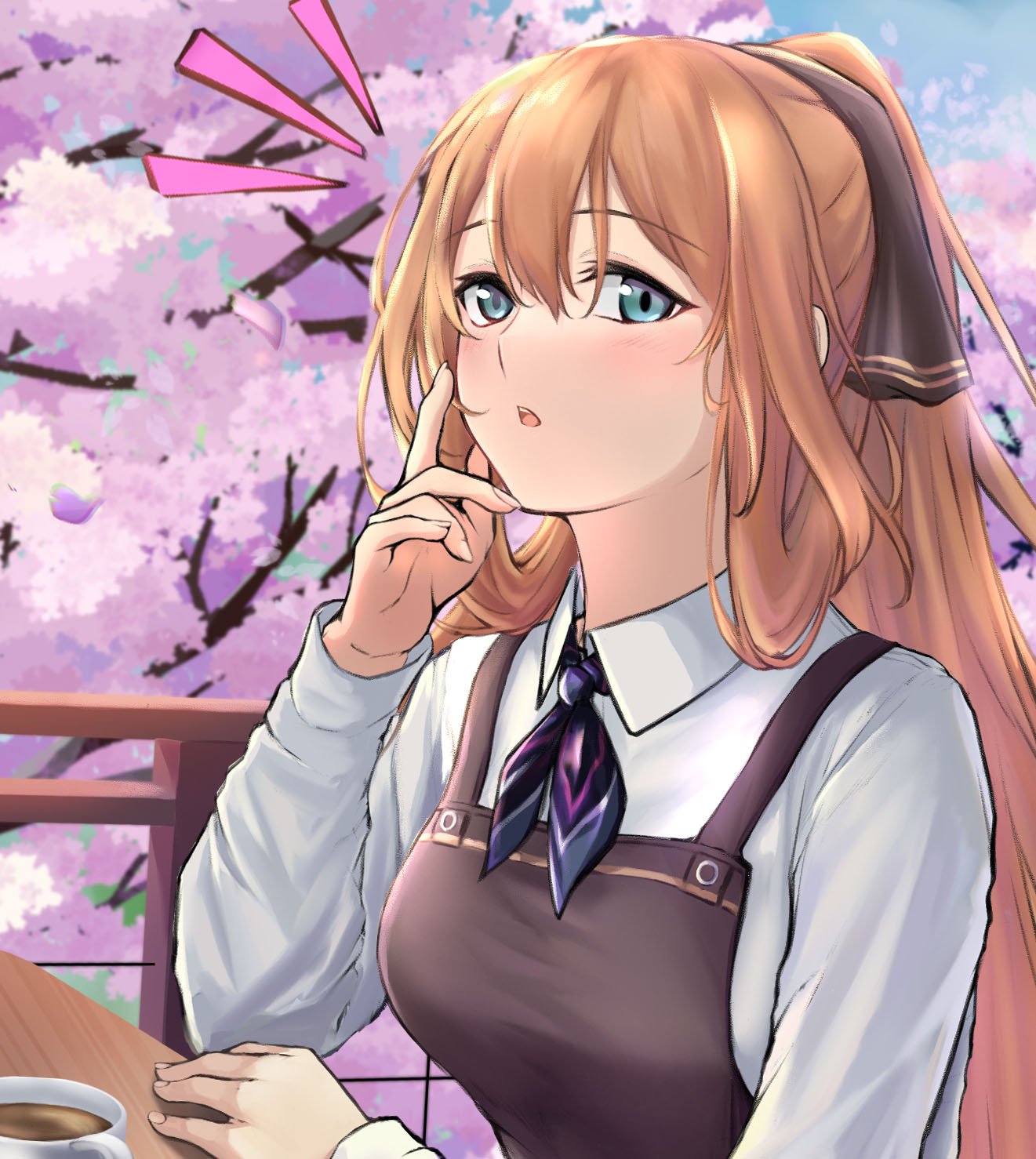 1girl 3_small_spiders apron blue_eyes blush breasts brown_apron brown_ribbon cherry_blossoms coffee coffee_cup collared_shirt commentary_request cup disposable_cup eyebrows_visible_through_hair falling_petals girls_frontline hair_ribbon hand_on_own_face hand_on_table highres long_hair looking_at_viewer medium_breasts open_mouth orange_hair outdoors petals ponytail ribbon shirt sidelocks sitting smile solo_focus springfield_(girls'_frontline) table tree upper_body white_shirt