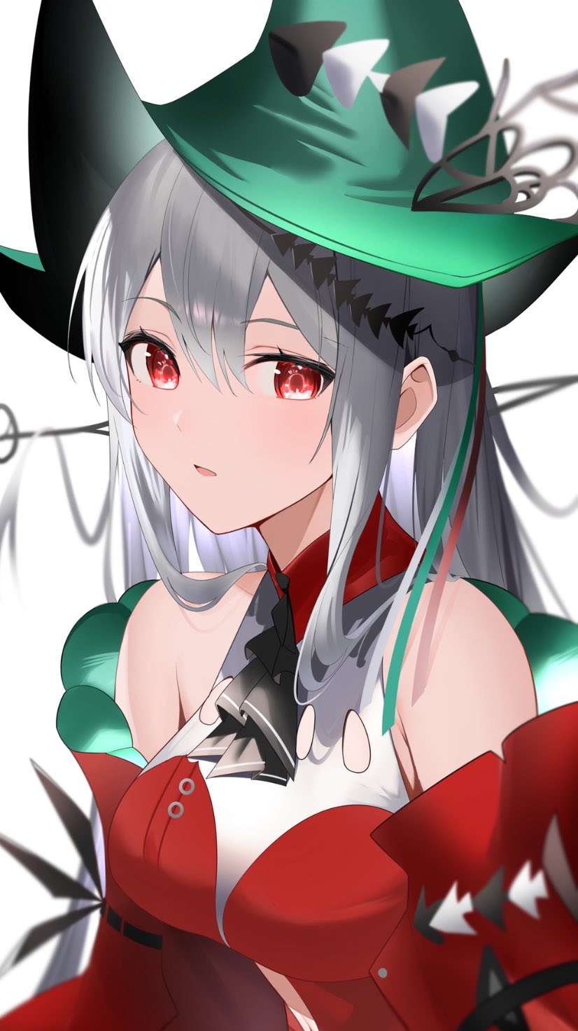 1girl arknights ascot bare_shoulders black_ascot breasts clothing_cutout collar detached_collar dress green_headwear hat highres long_hair long_sleeves looking_at_viewer medium_breasts navel navel_cutout official_alternate_costume open_mouth red_collar red_dress red_eyes ryuya silver_hair simple_background skadi_(arknights) skadi_the_corrupting_heart_(arknights) solo upper_body white_background