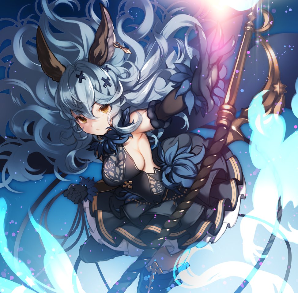 1girl animal_ears backless_dress backless_outfit bangs bare_shoulders blue_background blue_dress blue_hair boots breasts dress ear_piercing erune feathers ferry_(granblue_fantasy) gloves granblue_fantasy hair_ornament holding holding_weapon honda_tamanosuke leg_up long_hair piercing sideboob sleeveless solo standing standing_on_one_leg thigh-highs thigh_boots wavy_hair weapon whip x_hair_ornament yellow_eyes