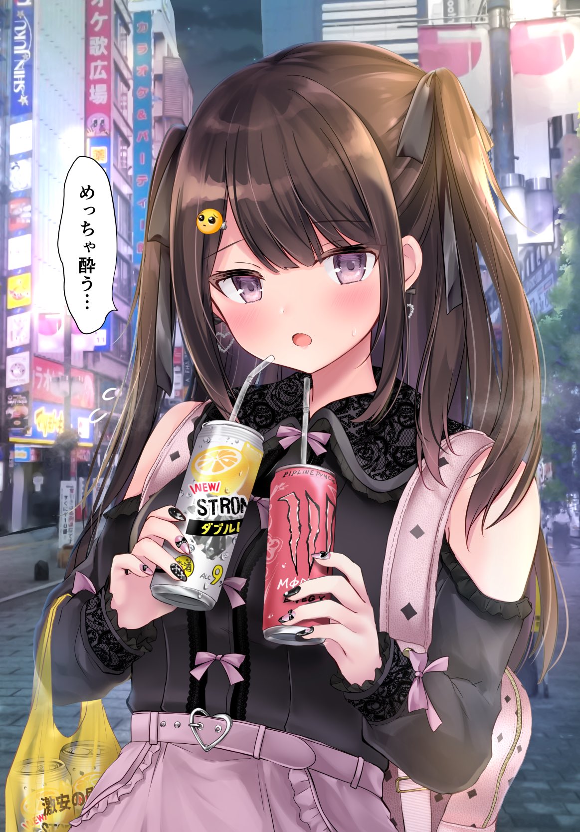 1girl backpack bag bangs black_nails black_shirt brown_hair building can city clothing_cutout drinking_straw energy_drink eyebrows_visible_through_hair hair_ornament hairclip highres holding holding_can long_hair long_sleeves looking_at_viewer masayo_(gin_no_ame) monster_energy nail_polish open_mouth original outdoors pink_nails pink_skirt shirt shoulder_cutout skirt solo strong_zero translation_request two_side_up violet_eyes