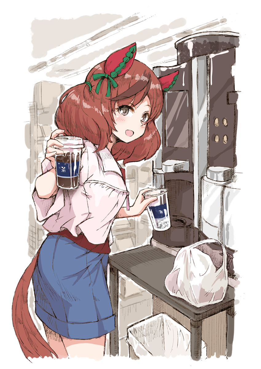 1girl animal_ears bag blouse blue_skirt blush brown_hair coffee_maker_(object) commentary_request cowboy_shot cropped_legs cup disposable_cup grey_eyes highres holding holding_cup horse_ears horse_tail looking_at_viewer medium_hair multicolored_hair nice_nature_(umamusume) open_mouth plastic_bag red_shirt satomura_kyou shirt short_twintails skirt solo streaked_hair tail trash_can twintails umamusume white_blouse