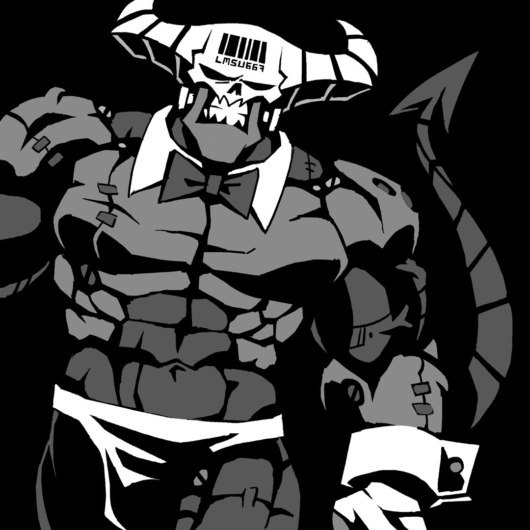 1boy abs black_background bow bowtie clenched_teeth cowboy_shot demon demon_boy demon_tail detached_collar english_commentary greyscale helltaker horns looking_at_viewer male_focus monochrome solo subject_67_(helltaker) tail teeth vanripper