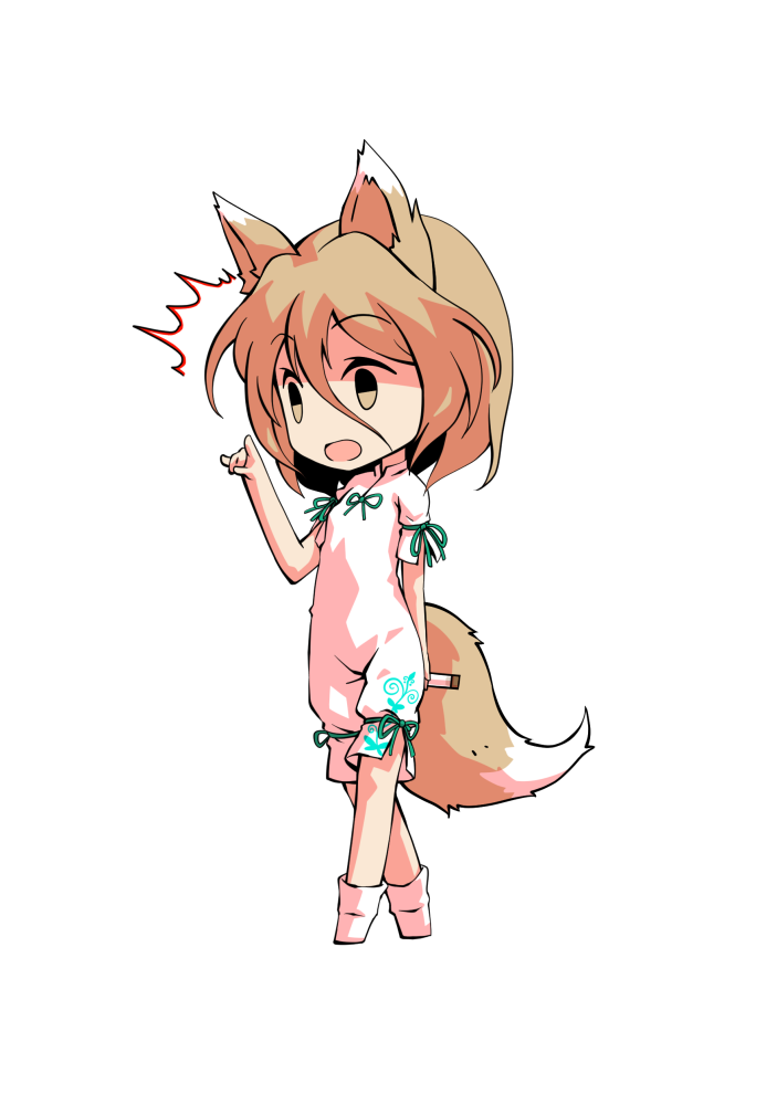 1girl animal_ears bangs black_eyes blonde_hair bow breasts brown_eyes chibi dairi eyebrows_visible_through_hair fox_ears fox_tail full_body green_bow hair_between_eyes hand_up jumpsuit kudamaki_tsukasa looking_to_the_side open_mouth short_hair short_sleeves simple_background small_breasts socks solo standing tachi-e tail test_tube touhou white_background white_jumpsuit white_legwear white_sleeves