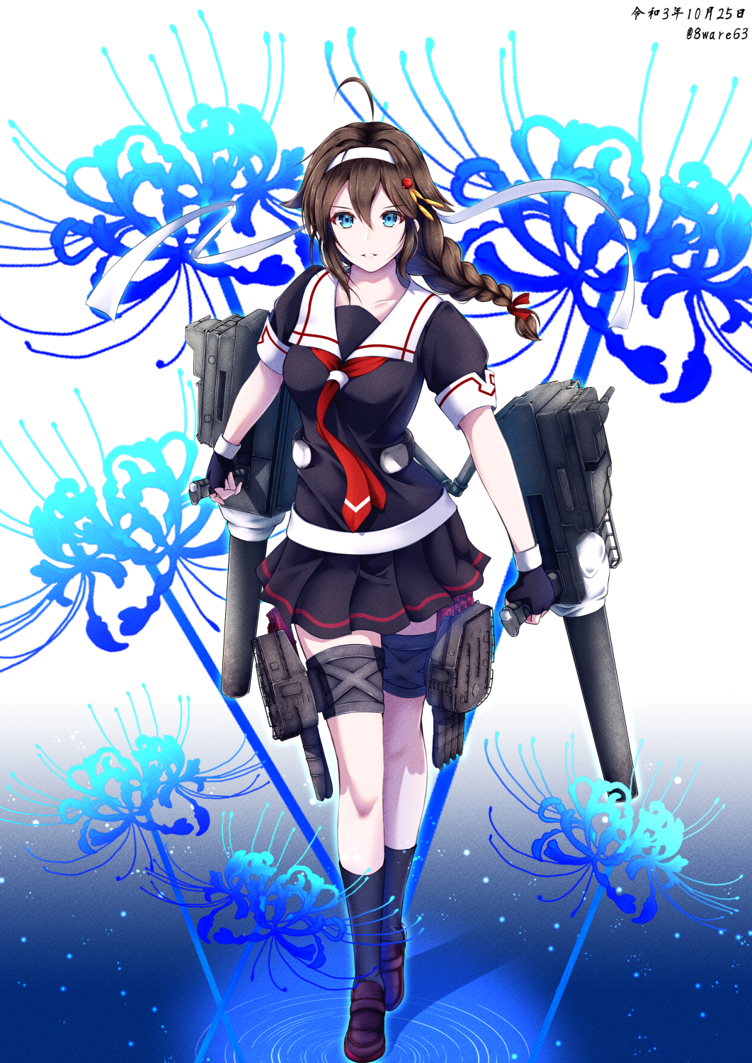 1girl adapted_turret ahoge black_footwear black_gloves black_legwear black_serafuku black_shirt black_skirt blue_eyes braid breasts brown_hair cannon fingerless_gloves full_body gloves hachiware_(8ware63) hair_flaps hair_ornament hair_over_shoulder headband highres kantai_collection loafers long_hair miniskirt necktie pleated_skirt red_neckwear remodel_(kantai_collection) rigging school_uniform serafuku shigure_(kancolle) shirt shoes short_sleeves single_braid skirt small_breasts socks solo standing thigh_strap torpedo torpedo_launcher torpedo_tubes white_headband