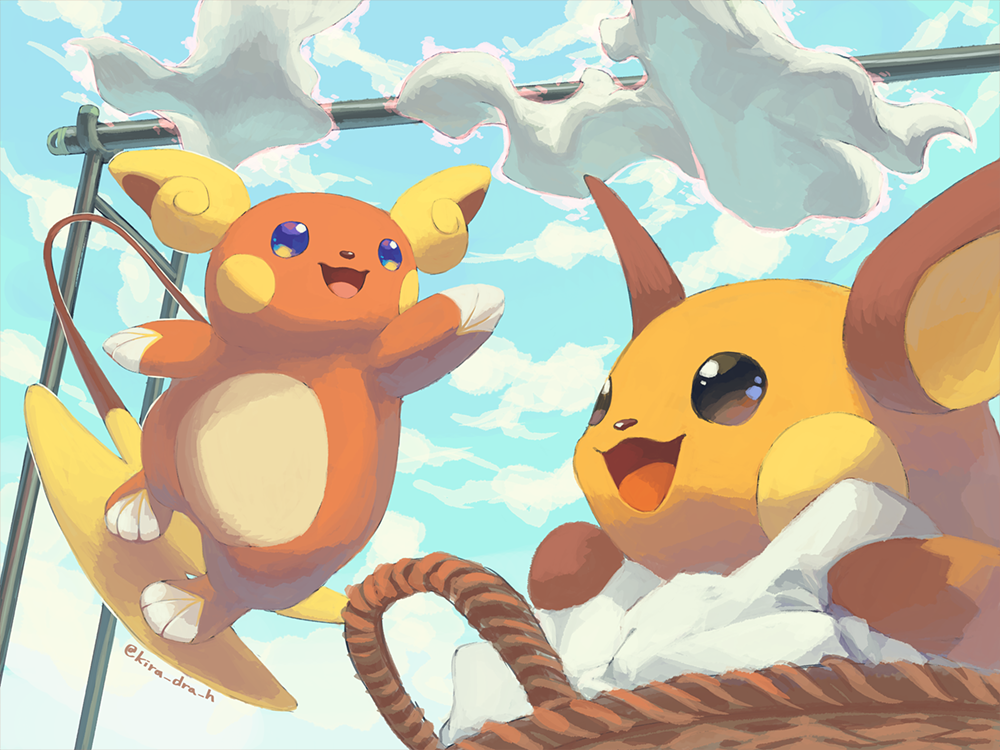 alolan_raichu basket blue_eyes clouds commentary_request day kira_(kira_dra) laundry no_humans open_mouth outdoors pokemon pokemon_(creature) raichu sky smile telekinesis tongue